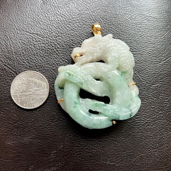 14K Real Gold Carved Dragon Natural Jade Pendant L - Picture 16 of 16